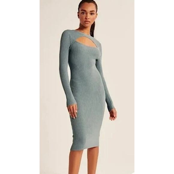 Abercrombie & Fitch Bodycon Ribbed Sweater Cut-Out Midi Dress in Teal,Large Tall - Picture 1 of 8